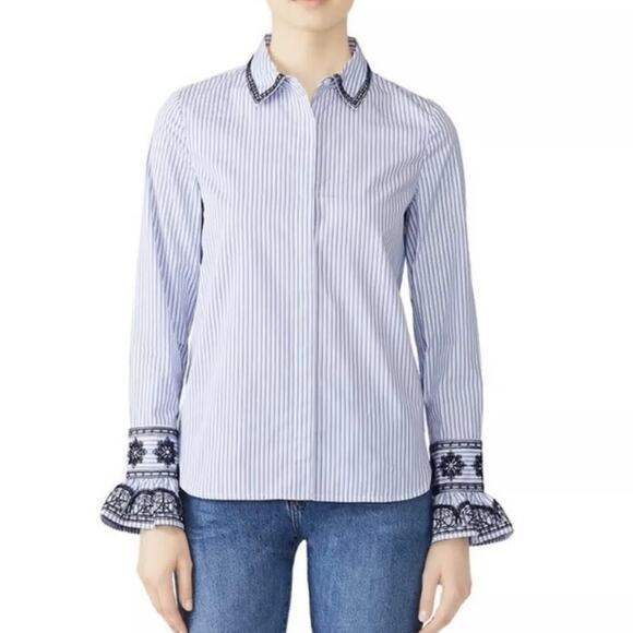 Tory Burch Pinstripe Embroidered Bell Sleeve Button Up Shirt Blue/White Size 2 - Picture 1 of 5